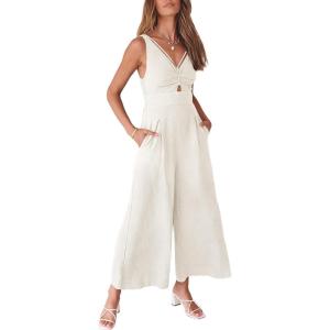 image:imageANRABESS Womens Jumpsuits Summer Linen Wide Leg Sleeveless V Neck Casual Dressy Rompers Pants 2026 Spring Vacation OutfitsWhite