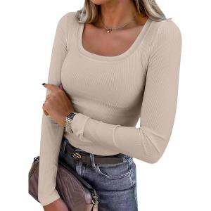 image:imageANRABESS Womens Long Sleeve Shirts Scoop Neck Ribbed Knit Slim Fitted Tops Casual Basic Tee 2025 Fall Fashion Outfits ClothesBeige