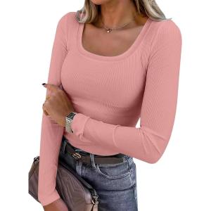 image:imageANRABESS Womens Long Sleeve Shirts Scoop Neck Ribbed Knit Slim Fitted Tops Casual Basic Tee 2025 Fall Fashion Outfits ClothesCoral