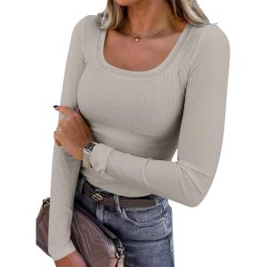 image:imageANRABESS Womens Long Sleeve Shirts Scoop Neck Ribbed Knit Slim Fitted Tops Casual Basic Tee 2025 Fall Fashion Outfits ClothesDark Khaki