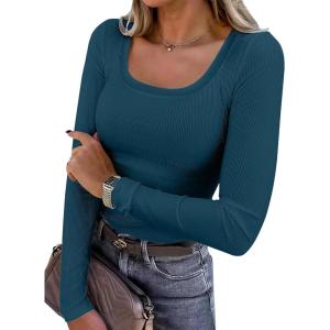 image:imageANRABESS Womens Long Sleeve Shirts Scoop Neck Ribbed Knit Slim Fitted Tops Casual Basic Tee 2025 Fall Fashion Outfits ClothesDeep Blue