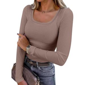 image:imageANRABESS Womens Long Sleeve Shirts Scoop Neck Ribbed Knit Slim Fitted Tops Casual Basic Tee 2025 Fall Fashion Outfits ClothesDeep Brown