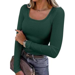 image:imageANRABESS Womens Long Sleeve Shirts Scoop Neck Ribbed Knit Slim Fitted Tops Casual Basic Tee 2025 Fall Fashion Outfits ClothesDeep Green