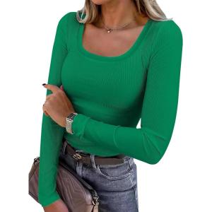 image:imageANRABESS Womens Long Sleeve Shirts Scoop Neck Ribbed Knit Slim Fitted Tops Casual Basic Tee 2025 Fall Fashion Outfits ClothesGreen