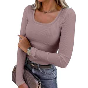image:imageANRABESS Womens Long Sleeve Shirts Scoop Neck Ribbed Knit Slim Fitted Tops Casual Basic Tee 2025 Fall Fashion Outfits ClothesGrey Pink