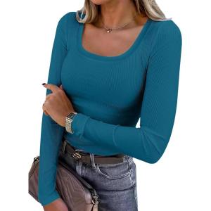 image:imageANRABESS Womens Long Sleeve Shirts Scoop Neck Ribbed Knit Slim Fitted Tops Casual Basic Tee 2025 Fall Fashion Outfits ClothesLake Blue