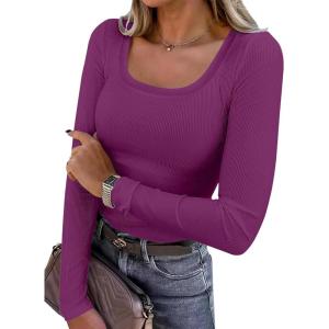 image:imageANRABESS Womens Long Sleeve Shirts Scoop Neck Ribbed Knit Slim Fitted Tops Casual Basic Tee 2025 Fall Fashion Outfits ClothesPurple