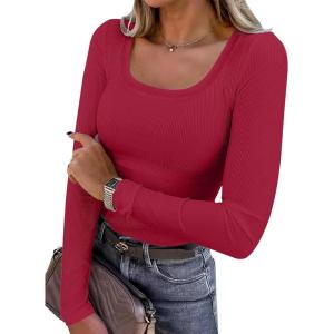 image:imageANRABESS Womens Long Sleeve Shirts Scoop Neck Ribbed Knit Slim Fitted Tops Casual Basic Tee 2025 Fall Fashion Outfits ClothesRed