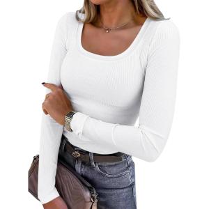 image:imageANRABESS Womens Long Sleeve Shirts Scoop Neck Ribbed Knit Slim Fitted Tops Casual Basic Tee 2025 Fall Fashion Outfits ClothesWhite