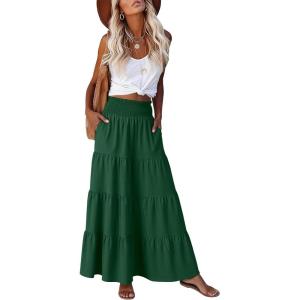 image:imageANRABESS Womens Maxi Skirts Elastic High Waist ALine Tiered Long Flowy Boho Skirts Summer Casual Beach amp Vacation WearForest Green
