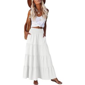 image:imageANRABESS Womens Maxi Skirts Elastic High Waist ALine Tiered Long Flowy Boho Skirts Summer Casual Beach amp Vacation WearWhite