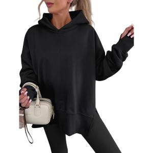 image:imageANRABESS Womens Oversized Hoodies Long Sleeve Fleece Side Slit Hooded Sweatshirts Pullover 2026 Fall Outfits Y2K ClothesBlack