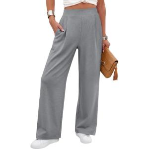 image:imageANRABESS Womens Pants Wide Leg Waffle Knit Casual Stretchy Work Dress Pants 2026 Pull on Business Slacks Trousers OutfitsLight Grey