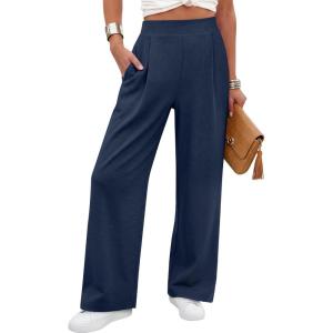 image:imageANRABESS Womens Pants Wide Leg Waffle Knit Casual Stretchy Work Dress Pants 2026 Pull on Business Slacks Trousers OutfitsNavy Blue