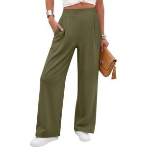 image:imageANRABESS Womens Pants Wide Leg Waffle Knit Casual Stretchy Work Dress Pants 2026 Pull on Business Slacks Trousers OutfitsPea Green