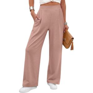image:imageANRABESS Womens Pants Wide Leg Waffle Knit Casual Stretchy Work Dress Pants 2026 Pull on Business Slacks Trousers OutfitsPink