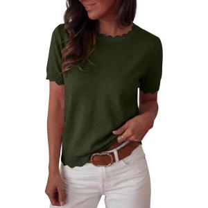 image:imageANRABESS Womens Short Sleeve Sweater Summer Sweaters Top Dressy Scalloped Loose Business Casual Vacation Outfits 2026Army Green