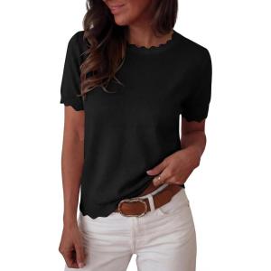 image:imageANRABESS Womens Short Sleeve Sweater Summer Sweaters Top Dressy Scalloped Loose Business Casual Vacation Outfits 2026Black