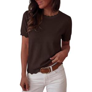 image:imageANRABESS Womens Short Sleeve Sweater Summer Sweaters Top Dressy Scalloped Loose Business Casual Vacation Outfits 2026Chocolate Brown