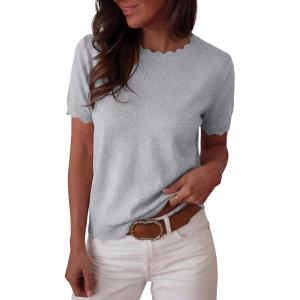 image:imageANRABESS Womens Short Sleeve Sweater Summer Sweaters Top Dressy Scalloped Loose Business Casual Vacation Outfits 2026Grey