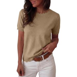 image:imageANRABESS Womens Short Sleeve Sweater Summer Sweaters Top Dressy Scalloped Loose Business Casual Vacation Outfits 2026Khaki