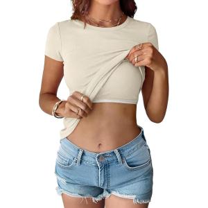 image:imageANRABESS Womens Short Sleeve Tops Built in Bra 2026 Summer T Shirts Slim Fitted Going Out Y2K Basic Tee Vacation ClothesBeige