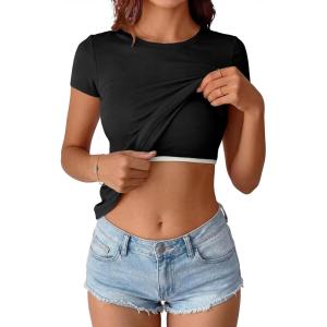 image:imageANRABESS Womens Short Sleeve Tops Built in Bra 2026 Summer T Shirts Slim Fitted Going Out Y2K Basic Tee Vacation ClothesBlack