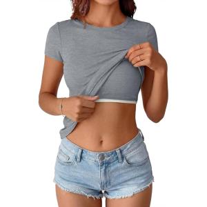 image:imageANRABESS Womens Short Sleeve Tops Built in Bra 2026 Summer T Shirts Slim Fitted Going Out Y2K Basic Tee Vacation ClothesGrey