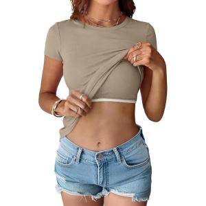 image:imageANRABESS Womens Short Sleeve Tops Built in Bra 2026 Summer T Shirts Slim Fitted Going Out Y2K Basic Tee Vacation ClothesKhaki