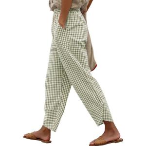 image:imageANRABESS Womens Striped Gingham Pants Summer Lounge Cute PJ Bottom Plaid Pants Casual Wide Leg Beach Trouser with PocketsArmy Green White Plaid