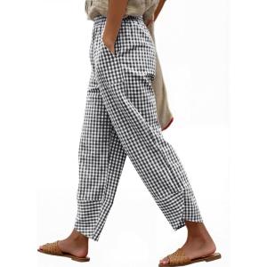 image:imageANRABESS Womens Striped Gingham Pants Summer Lounge Cute PJ Bottom Plaid Pants Casual Wide Leg Beach Trouser with PocketsBlack White Plaid
