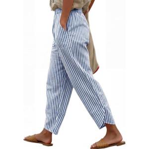 image:imageANRABESS Womens Striped Gingham Pants Summer Lounge Cute PJ Bottom Plaid Pants Casual Wide Leg Beach Trouser with PocketsBlue White Stripe