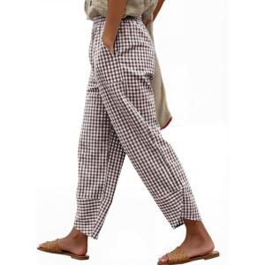 image:imageANRABESS Womens Striped Gingham Pants Summer Lounge Cute PJ Bottom Plaid Pants Casual Wide Leg Beach Trouser with PocketsBrown White Plaid
