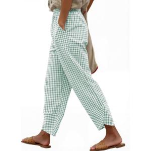image:imageANRABESS Womens Striped Gingham Pants Summer Lounge Cute PJ Bottom Plaid Pants Casual Wide Leg Beach Trouser with PocketsGreen White Plaid