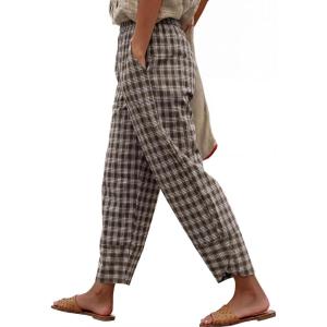 image:imageANRABESS Womens Striped Gingham Pants Summer Lounge Cute PJ Bottom Plaid Pants Casual Wide Leg Beach Trouser with PocketsMulti Coffee Plaid
