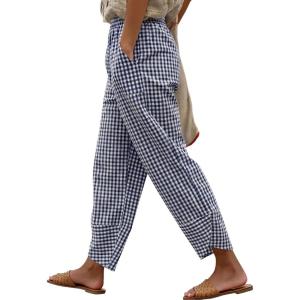 image:imageANRABESS Womens Striped Gingham Pants Summer Lounge Cute PJ Bottom Plaid Pants Casual Wide Leg Beach Trouser with PocketsNavy Blue White Plaid
