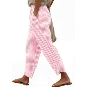 image:imageANRABESS Womens Striped Gingham Pants Summer Lounge Cute PJ Bottom Plaid Pants Casual Wide Leg Beach Trouser with PocketsPink White Plaid