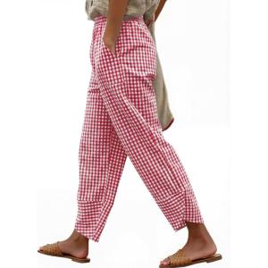 image:imageANRABESS Womens Striped Gingham Pants Summer Lounge Cute PJ Bottom Plaid Pants Casual Wide Leg Beach Trouser with PocketsRed White Plaid
