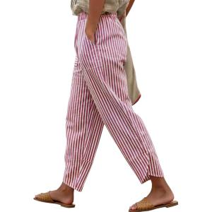 image:imageANRABESS Womens Striped Gingham Pants Summer Lounge Cute PJ Bottom Plaid Pants Casual Wide Leg Beach Trouser with PocketsRed White Stripe