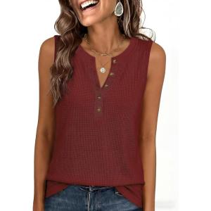 image:imageANRABESS Womens Tank Top Waffle Knit Sleeveless Henley Shirts 2026 Summer Loose Button Up V Neck Dressy Casual Tops ClothesBirck Red
