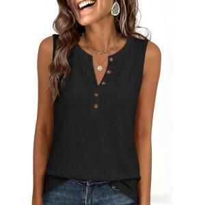 image:imageANRABESS Womens Tank Top Waffle Knit Sleeveless Henley Shirts 2026 Summer Loose Button Up V Neck Dressy Casual Tops ClothesBlack