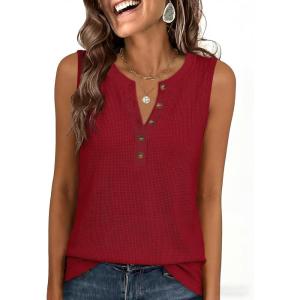 image:imageANRABESS Womens Tank Top Waffle Knit Sleeveless Henley Shirts 2026 Summer Loose Button Up V Neck Dressy Casual Tops ClothesRed