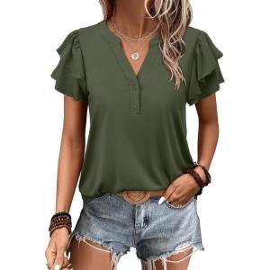 image:imageANRABESS Womens Tops Dressy Casual Ruffle Short Sleeve V Neck Blouses Summer Button Down Business Work Elegant ShirtsArmy Green