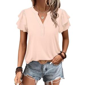 image:imageANRABESS Womens Tops Dressy Casual Ruffle Short Sleeve V Neck Blouses Summer Button Down Business Work Elegant ShirtsBeige