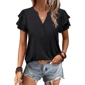 image:imageANRABESS Womens Tops Dressy Casual Ruffle Short Sleeve V Neck Blouses Summer Button Down Business Work Elegant ShirtsBlack