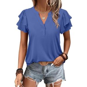 image:imageANRABESS Womens Tops Dressy Casual Ruffle Short Sleeve V Neck Blouses Summer Button Down Business Work Elegant ShirtsBlue