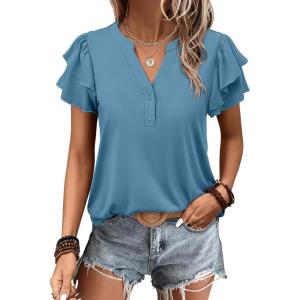 image:imageANRABESS Womens Tops Dressy Casual Ruffle Short Sleeve V Neck Blouses Summer Button Down Business Work Elegant ShirtsBlue Green