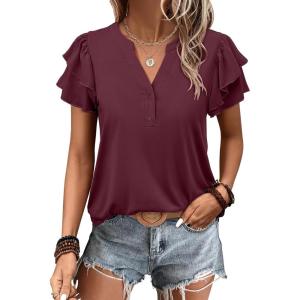 image:imageANRABESS Womens Tops Dressy Casual Ruffle Short Sleeve V Neck Blouses Summer Button Down Business Work Elegant ShirtsBurgundy