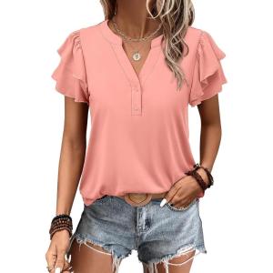 image:imageANRABESS Womens Tops Dressy Casual Ruffle Short Sleeve V Neck Blouses Summer Button Down Business Work Elegant ShirtsCoral