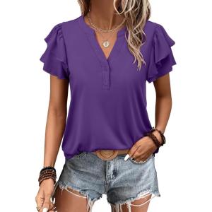 image:imageANRABESS Womens Tops Dressy Casual Ruffle Short Sleeve V Neck Blouses Summer Button Down Business Work Elegant ShirtsDeep Purple